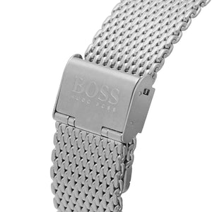 Silver-tone deployment buckle on Hugo Boss Admiral 1513904 men's quartz battery silver mesh strap watch