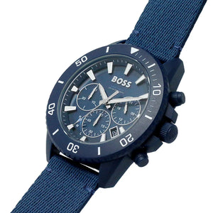 Detailed view of blue crown on Hugo Boss Admiral 1513919 solar watch with blue dial and fiber strap 50m water resistant
