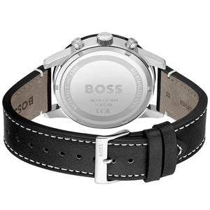 Caseback of Hugo Boss Allure 1513920 showing technical specs black dial and leather strap 50m water resistance