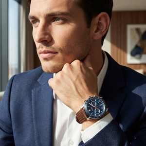 Professional man wearing Hugo Boss Allure 1513921 with blue dial and silver case leather strap water resistant 50m