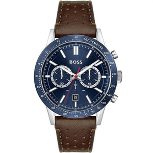 Hugo Boss Allure 1513921 men's watch with blue sunray dial, silver stainless steel case, brown perforated leather strap, and 50m water resistance main view