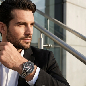 Professional man wearing Hugo Boss Allure 1513922 with black dial and silver metal strap water resistant 50m