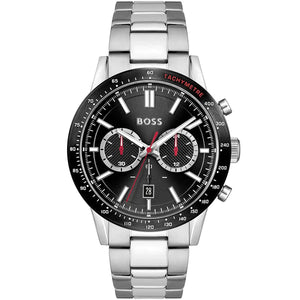 Hugo Boss Allure 1513922 men's watch with black dial, silver metal strap, and 50m water resistance main view