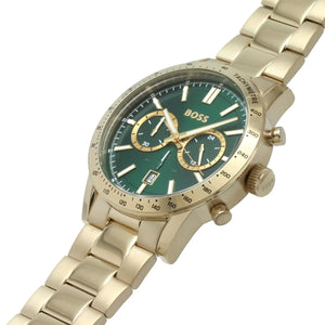 Detailed view of gold crown on Hugo Boss Allure 1513923 with green dial and gold metal strap 50m water resistant