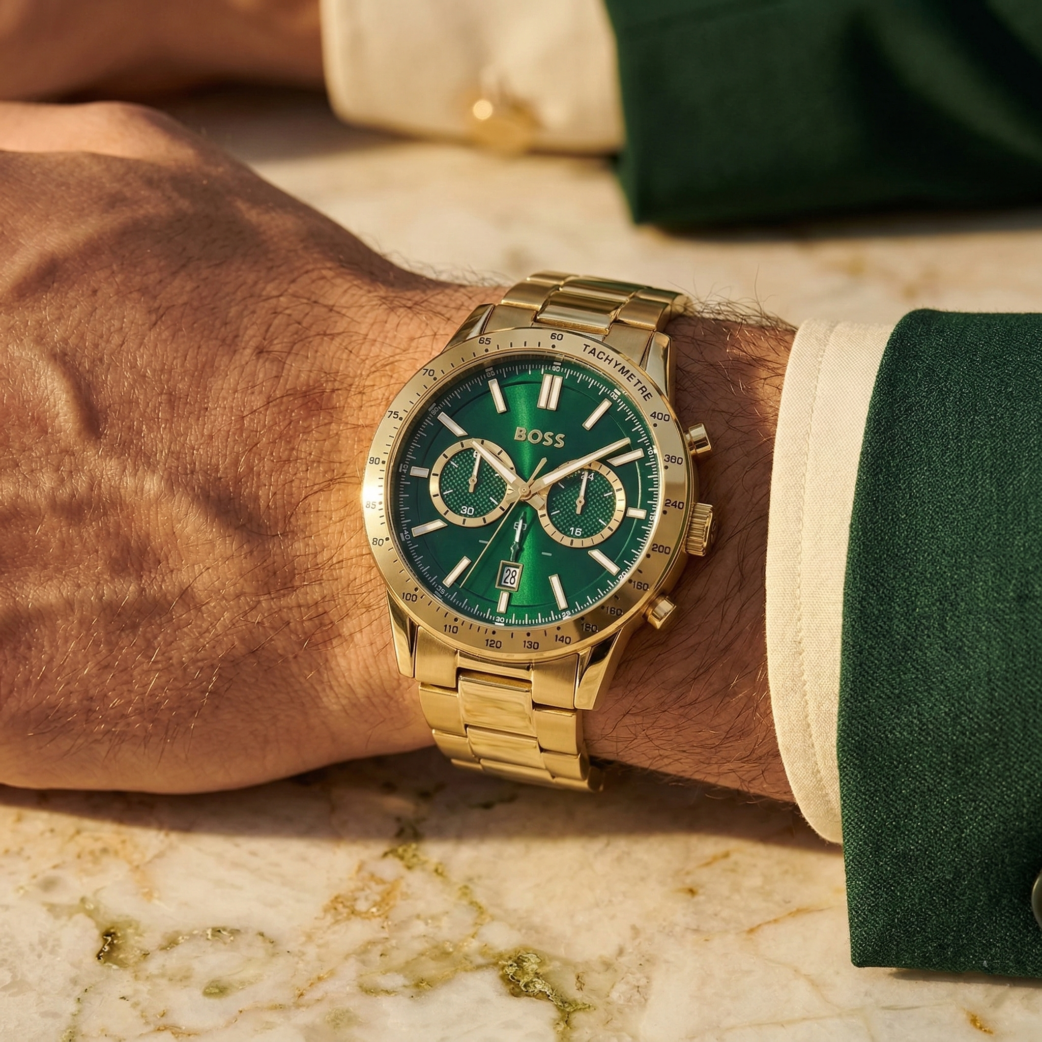 Close up of Hugo Boss Allure 1513923 on wrist showing green dial and gold metal strap with 50m water resistance