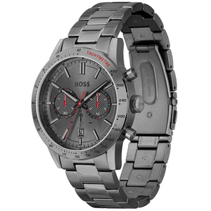 Left angled view of Hugo Boss Allure 1513924 showing gray dial detail and gray link bracelet water resistant 50m