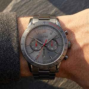 Close up of Hugo Boss Allure 1513924 on wrist showing gray dial and gray metal strap with 50m water resistance