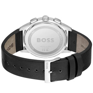 Caseback of Hugo Boss Dapper 1513925 showing technical specs black dial and leather strap 50m water resistance
