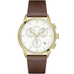 Front view of Hugo Boss Dapper 1513926 men's watch with white dial and brown genuine leather strap.