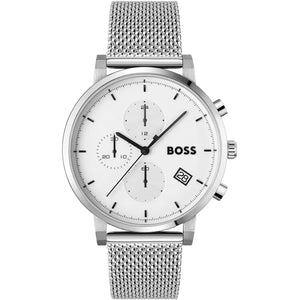 Hugo Boss Skymaster 1513933 men's watch featuring a silver stainless steel case, white dial with chronograph sub-dials, and silver mesh bracelet