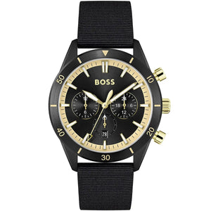 Hugo Boss Santiago 1513935 men's watch with black dial, gold-tone accents, black matte case, black synthetic fiber strap, and 50m water resistance main view