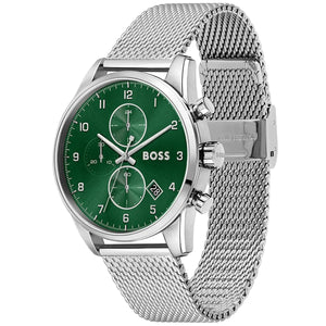 Left angled view of Hugo Boss Skymaster 1513938 showing green dial detail and silver mesh bracelet water resistant 50m