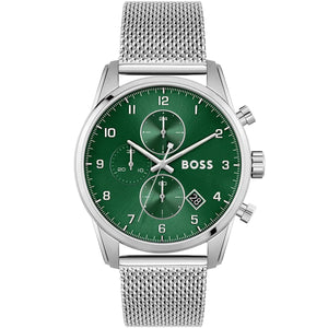 Hugo Boss Skymaster 1513938 men's watch with green dial, silver metal mesh strap, and 50m water resistance main view