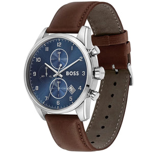 Left angled view of Hugo Boss Skymaster 1513940 showing blue sunray dial detail and leather strap water resistant 50m