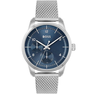 Hugo Boss Sophio 1513942 men's watch with blue dial, silver metal mesh strap, and 50m water resistance main view