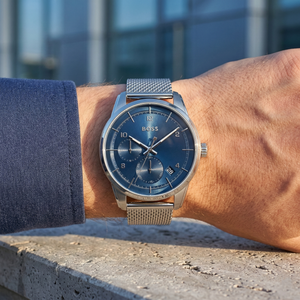 Close up of Hugo Boss Sophio 1513942 on wrist showing blue dial and silver metal mesh strap with 50m water resistance