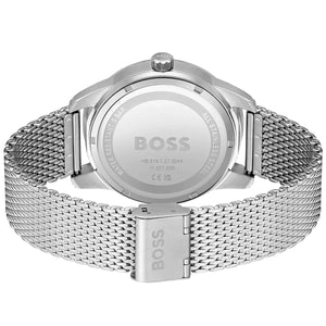 Caseback of Hugo Boss Sophio 1513942 showing technical specs blue dial and silver metal strap 50m water resistance