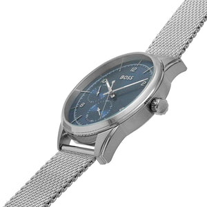 Detailed view of silver crown on Hugo Boss Sophio 1513942 with blue dial and silver metal strap 50m water resistant