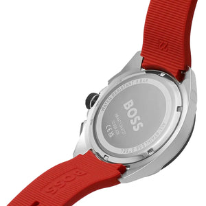 Caseback of Hugo Boss Volane 1513959 showing technical specs black dial and red rubber strap 50m water resistance