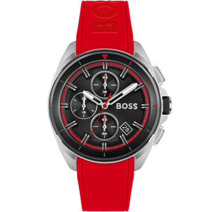 Hugo Boss Volane 1513959 men's watch with black dial, red rubber strap, and 50m water resistance main view