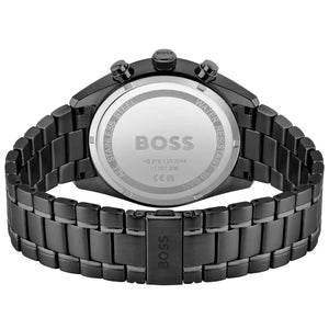 Caseback of Hugo Boss Champion 1513960 showing technical specs black dial and black metal strap 100m water resistance
