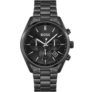Hugo Boss Champion 1513960 men's watch with black dial, black metal strap, and 100m water resistance main view