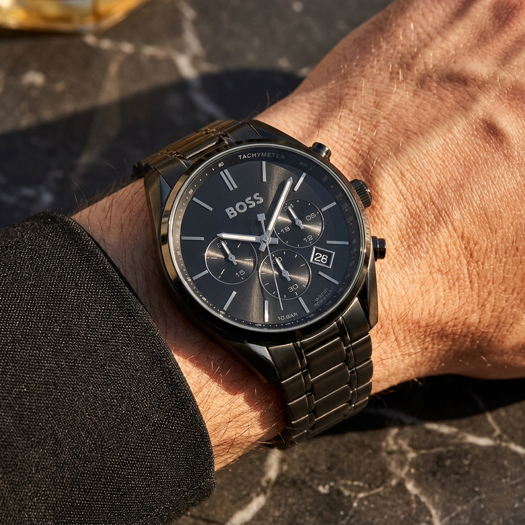 Close up of Hugo Boss Champion 1513960 on wrist showing black dial and black metal strap with 100m water resistance