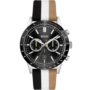 Hugo Boss Allure 1513963 men's watch with black sunray dial, black ion-plated case, multicolored black white and beige fiber strap, and 50m water resistance main view