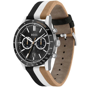 Left angled view of Hugo Boss Allure 1513963 showing black sunray dial detail and multicolored fiber strap water resistant 50m