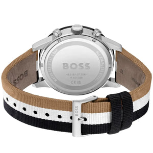 Caseback of Hugo Boss Allure 1513963 showing technical specs black dial and multicolored strap 50m water resistance