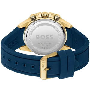 Caseback of Hugo Boss Admiral 1513965 showing technical specs blue dial and blue rubber strap 100m water resistance