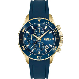 Hugo Boss Admiral 1513965 men's watch with blue dial, blue rubber strap, and 100m water resistance main view