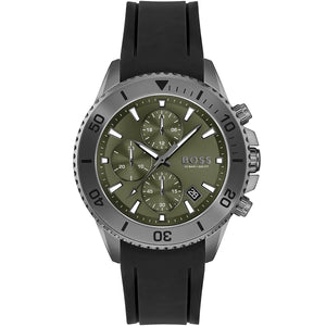 Hugo Boss Admiral 1513967 men's watch with green dial, black rubber strap, and 100m water resistance main view