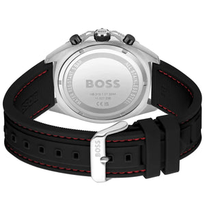 Caseback of Hugo Boss Runner 1513969 showing technical specs black dial and black rubber strap 50m water resistant