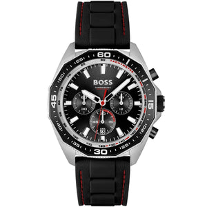 Hugo Boss Runner 1513969 men's watch with black dial, black rubber strap, and 50m water resistance main view