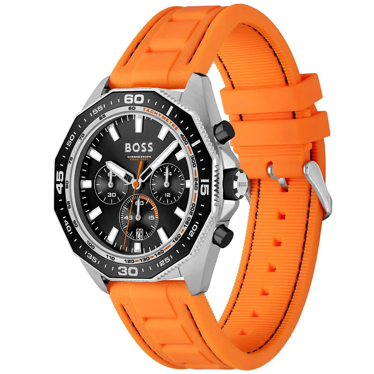 Right angled view of Hugo Boss Energy 1513970 highlighting black dial and black tachymeter bezel 50m water resistance