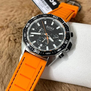 Live photo of Hugo Boss Energy 1513970 showing actual black sunray dial and orange rubber strap colors 50m water resistance