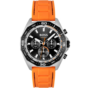 Hugo Boss Energy 1513970 men's watch with black dial, orange accents, orange rubber strap, and 50m water resistance main view