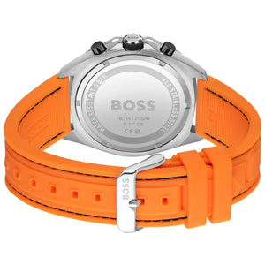Caseback of Hugo Boss Energy 1513970 showing technical specs black dial and orange rubber strap 50m water resistance