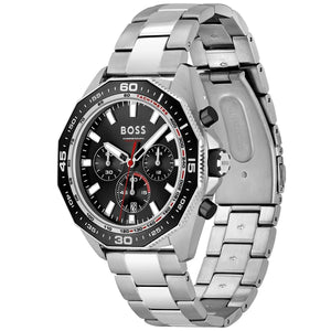 Right angled view of Hugo Boss Energy 1513971 highlighting black dial and black tachymeter bezel 50m water resistance