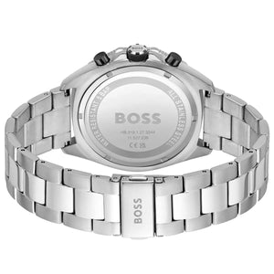 Caseback of Hugo Boss Energy 1513971 showing technical specs black dial and silver metal strap 50m water resistance