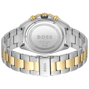 Caseback of Hugo Boss Energy 1513974 showing technical specs gray dial and two-tone metal strap 50m water resistance