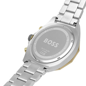 Caseback of Hugo Boss Energy 1513974 showing technical specs gray dial and two-tone metal strap 50m water resistance