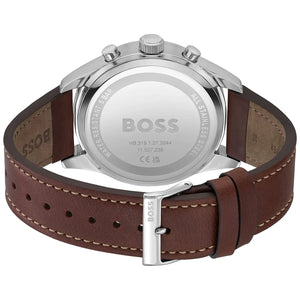 Caseback of Hugo Boss View 1513988 showing technical specs red dial and brown leather strap 50m water resistance