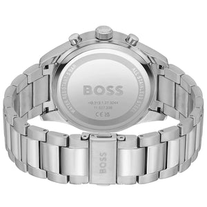 Caseback of Hugo Boss View 1513989 showing technical specs blue dial and silver metal strap 50m water resistance