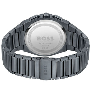Caseback of Hugo Boss Steer 1513996 showing technical specs gray dial and gray metal strap 50m water resistant