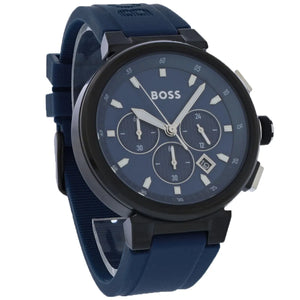 Left angled view of Hugo Boss Runner 1513998 showing blue dial detail and blue rubber strap water resistant 50m