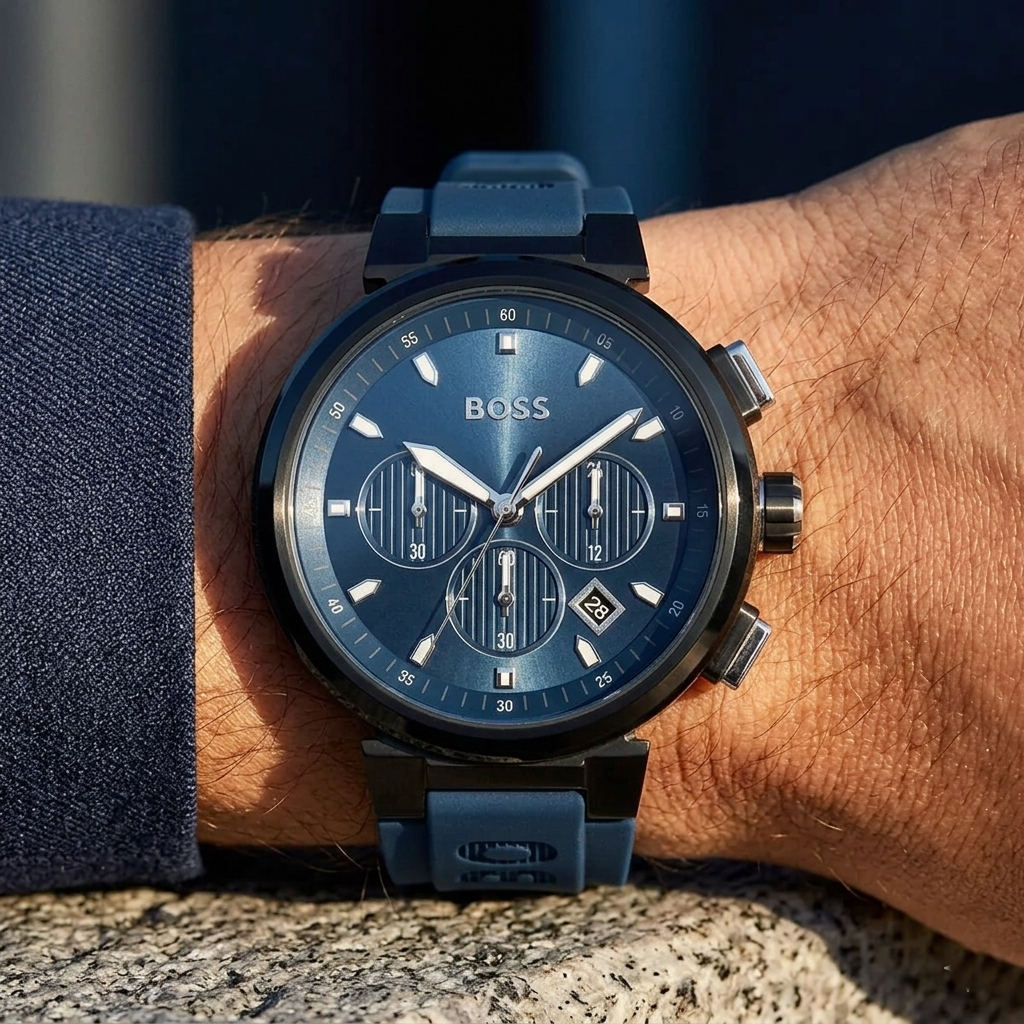 Close up of Hugo Boss Runner 1513998 on wrist showing blue dial and blue rubber strap with 50m water resistance