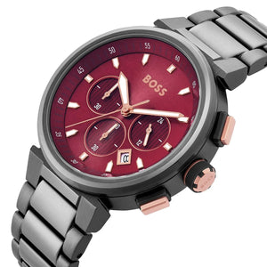 Watch with a red face and silver band on a white background