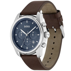 Right angled view of Hugo Boss Trace 1514002 highlighting blue dial and silver case 50m water resistance